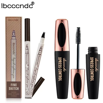 

1 Piece 3 Heads Liquid Eyebrow Pen +3d Mascara 4D Fiber Makeup Eyelashes Lengthening Mascara Girls Beauty Eyes Makeup Set Kit