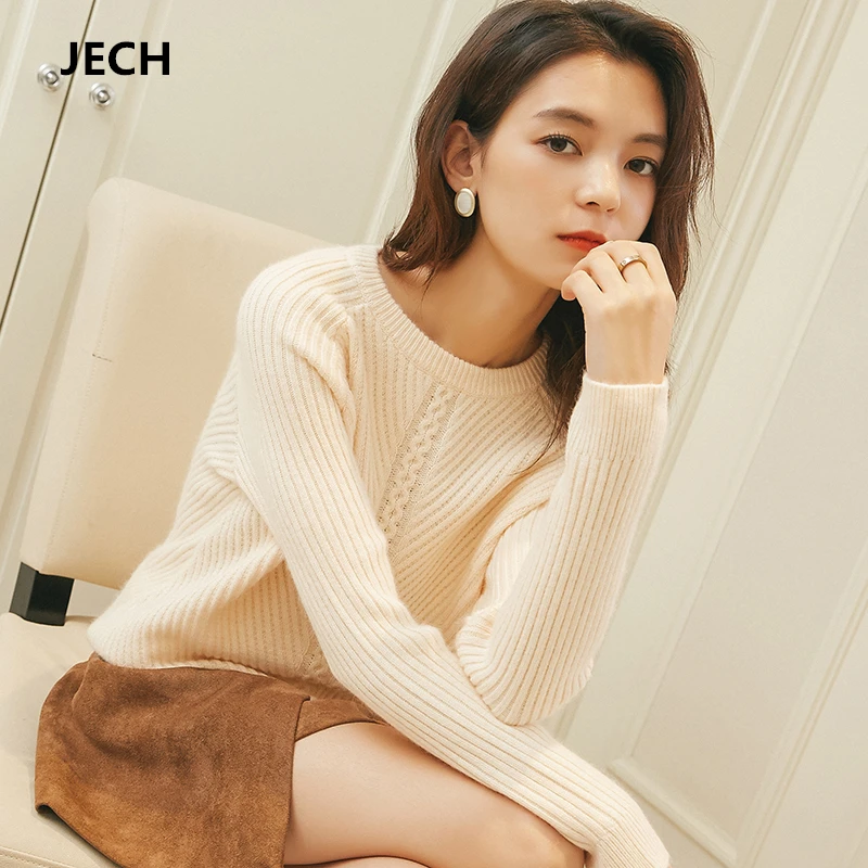 

JECH Women Winter O Neck Sweaters 2018 Autumn Cashmere Wool Warm Sweaters Casual Solid Pullover Jumpers Knitted Female Plus Size