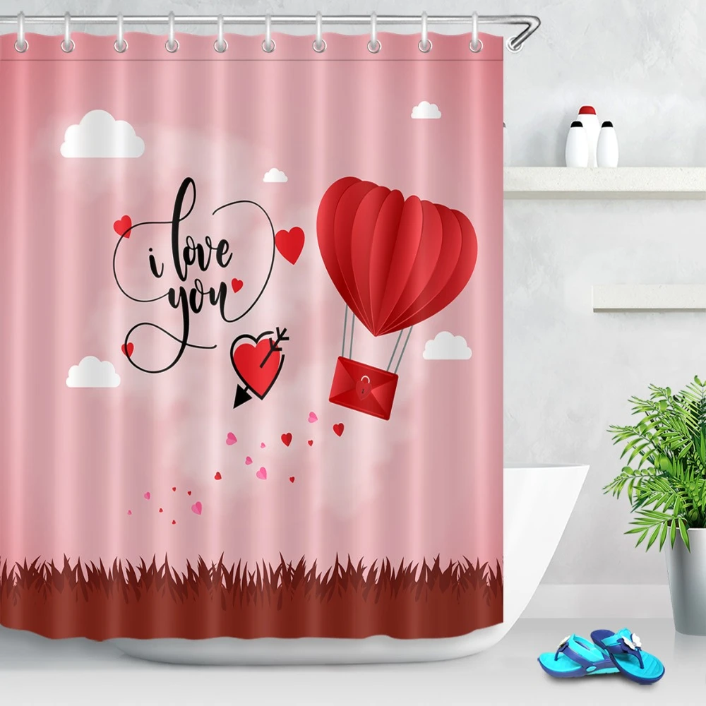 Valentine's Day Shower Curtain Romantic Heart Shaped Balloon Bathroom Fabric