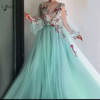 

Pretty Mint Green Floral Embroidery Lace Prom Dresses Puff Full Sleeves Illusion O-neck A-line Party Dress Vestido Formatura