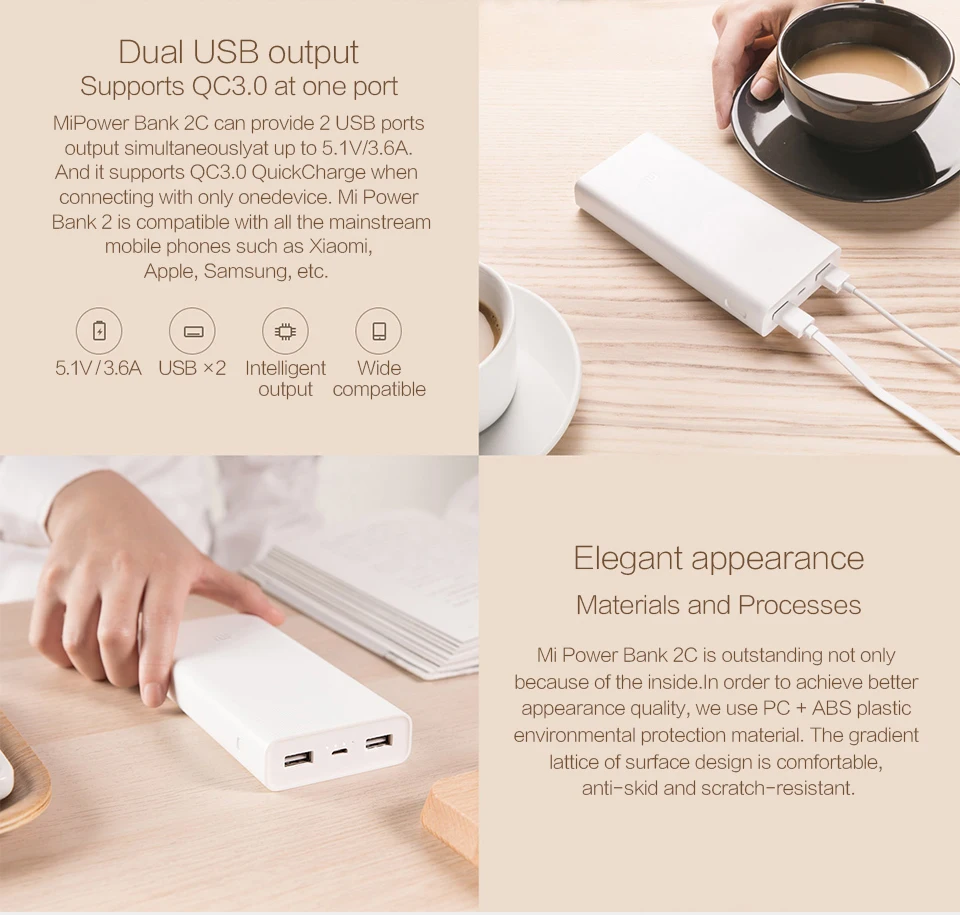 Xiaomi Mi 20000 mAh Power Bank 2C Dual USB Ports Two-way Fast Charge