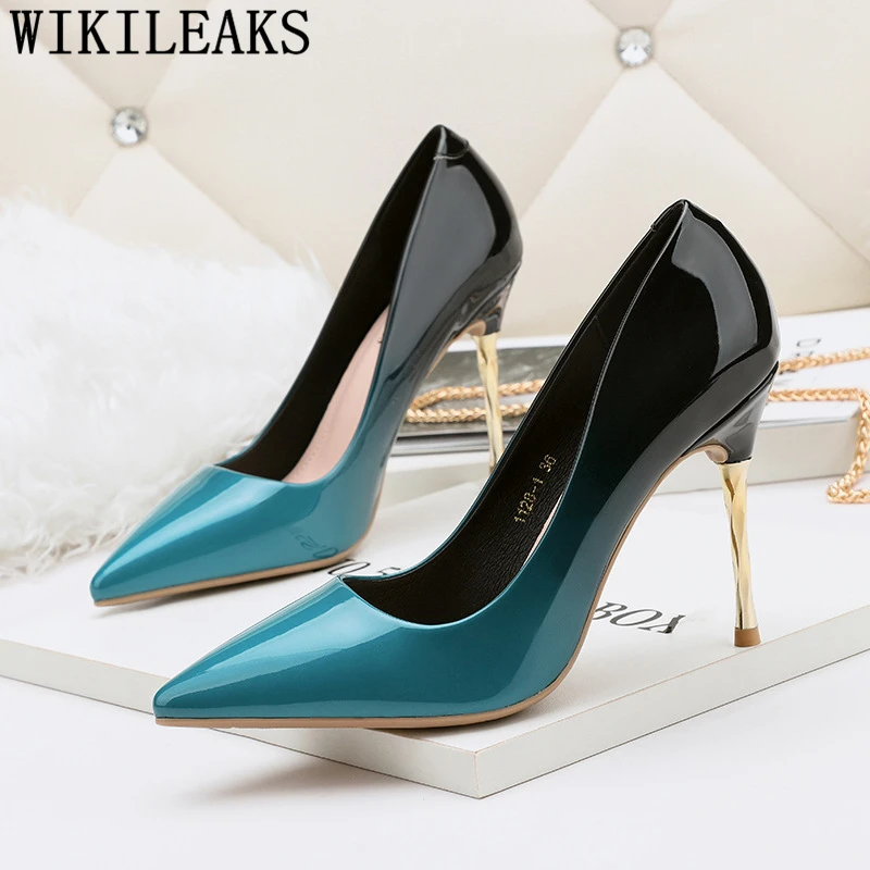 

Patent leather blue shoes pumps women shoes wedding shoes women dress shoes pointed toe high heels escarpins femme 2019 stiletto