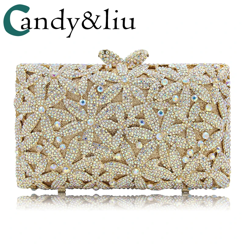 

dress bag gold 2018 new summer full diamond hollow petal crystal dress bag female party girl day clutches evening bag dress bags
