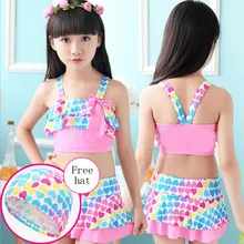 Купальник-бикини для девушек ребенок пляжный сарафан комплект из двух предметов, костюмы, спортивные футболки для детей Детский костюм для плавания, для девочек ванный комплект пляжное платье Плавание шапка
