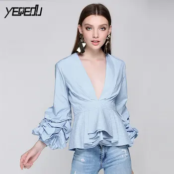 

#2704 Sexy V-neck Office Lady Nine Quarter Puff Sleeve Lotus Leaf Edge Black/White OL Tops Blouse Women Ruffle Blouse Summer