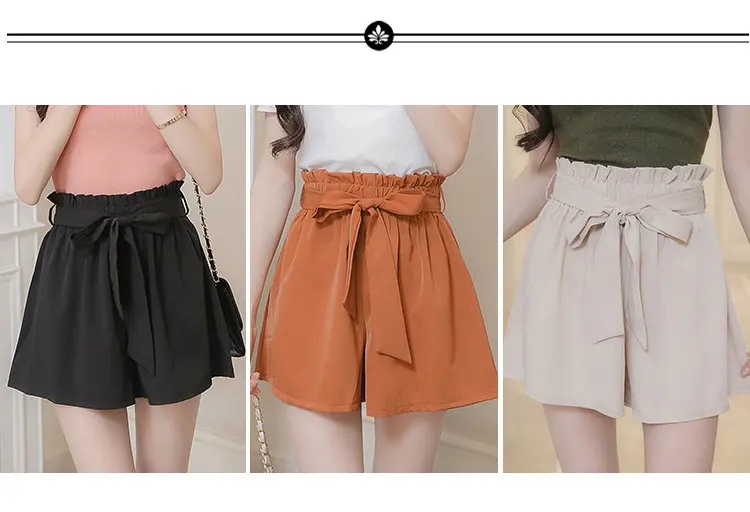 Summer Fashion Women Shorts High Waist Brown Chiffon Shorts Female Bow Elastic Waist Wide Leg Shorts Ladies Cortos Mujer 2018 (1)