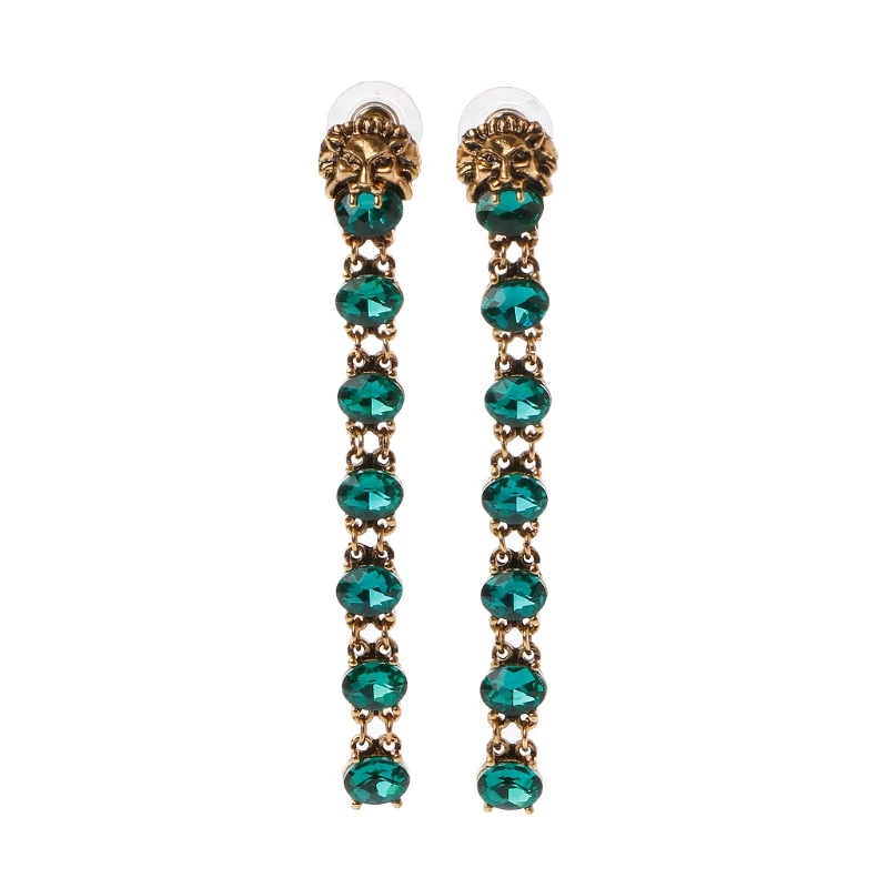 

Beautiful workmanship Green Crystal Long Earrings Exaggerated Pearl Lion Head Drop Dangle Earrings
