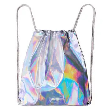

Women Backpacks Soft Functional Stylish Rainbow Colorful Metallic Silver Laser Holographic Drawstring Bags
