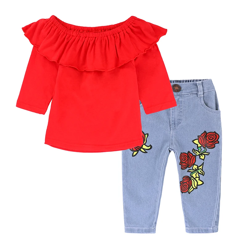 Girls Long Sleeves T-shirts Floral Jeans Pants Clothing Set kids clothing set girls clothing set