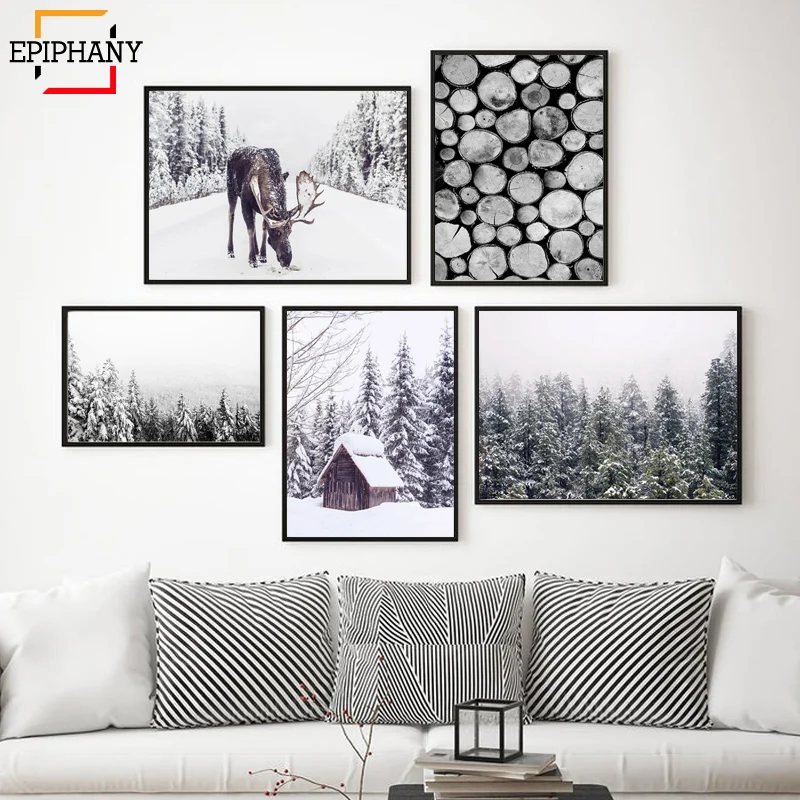 Christmas Wall Decor Winter Wall Art Prints Snow Covered Pine Trees Moose Reindeer Canvas Painting Wall Pictures for Room Decor