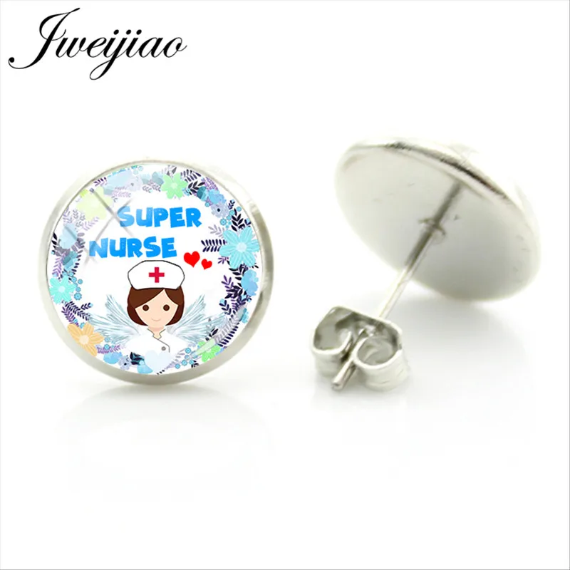 

JWEIJIAO High Quality Super Nurse Earrings Keep Calm And Nurse On Stud Earrings Glass Cabochon Jewelry Brinco Bijoux NR13