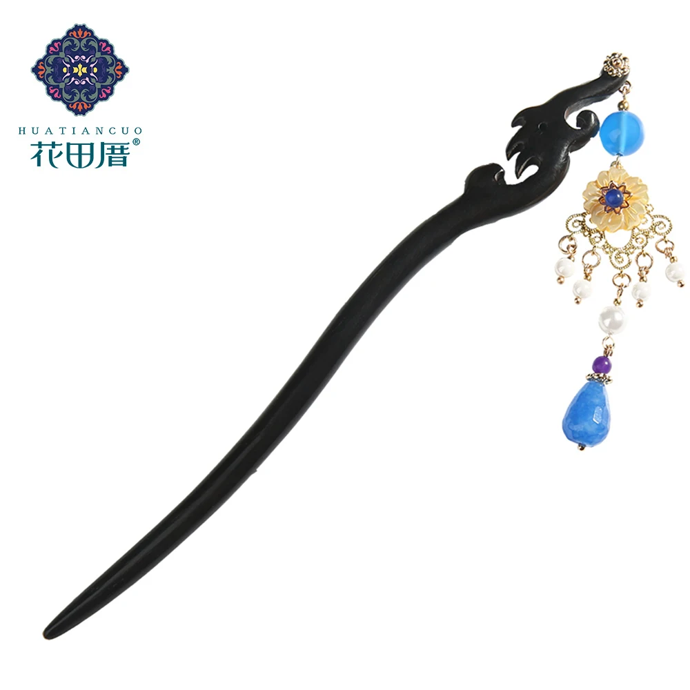 

Ethnic Pendant Handmade Black And Ebony Hair Sticks Shell Bead Yellow ShellFlower Section Blue Stone Bead Woman Jewelry FZ-18108