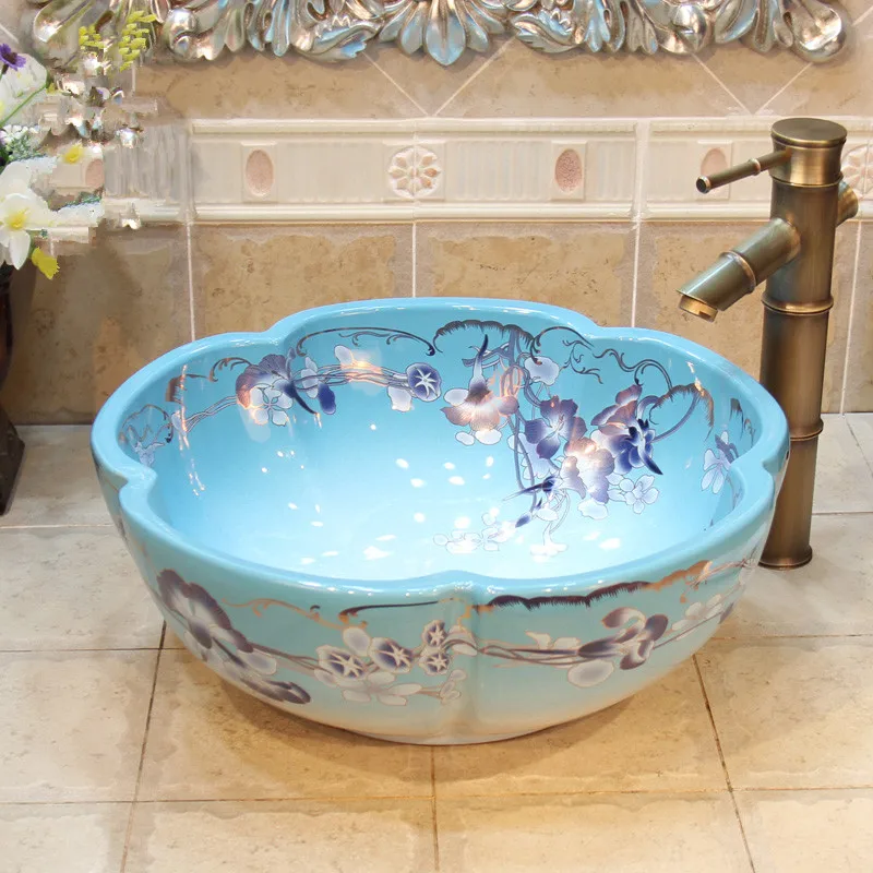 Petunia pattern Chinese flower shape Ceramic Bathroom Sink Countertop Wash Basin art  (1)