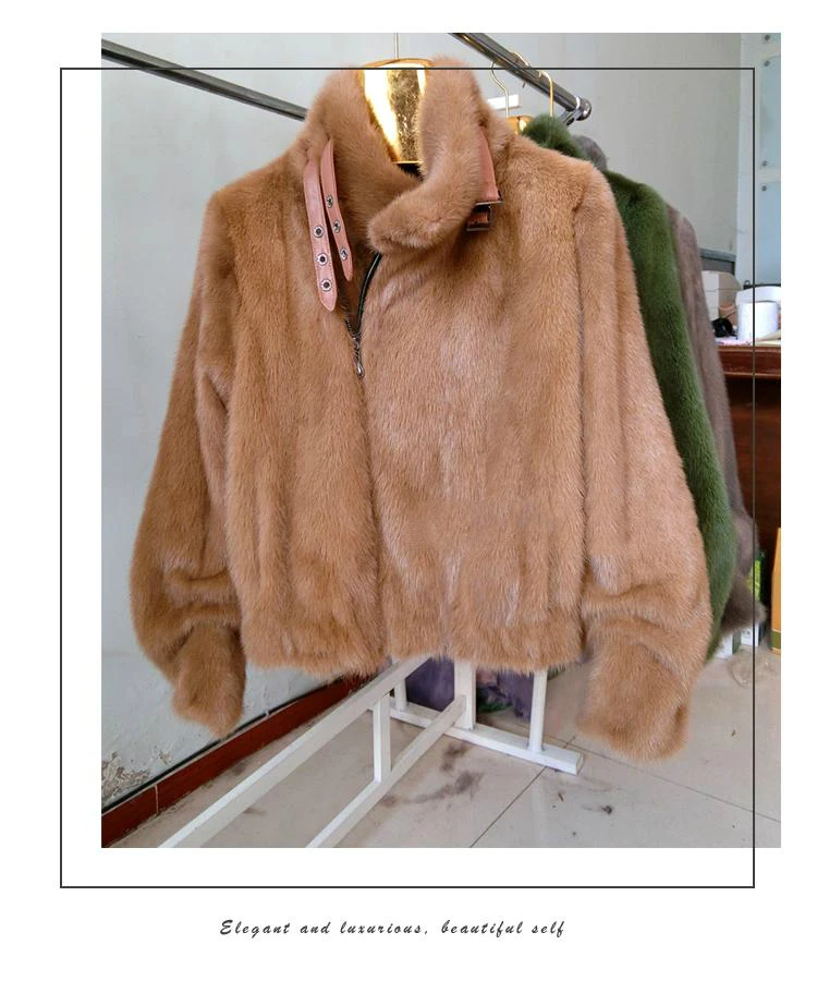 AYUNSUE роскошное натуральное меховое пальто для женщин из натуральной норки, женская уличная норковая Меховая куртка с воротником-стойкой, зимнее пальто XRK-19 - Цвет: Хаки