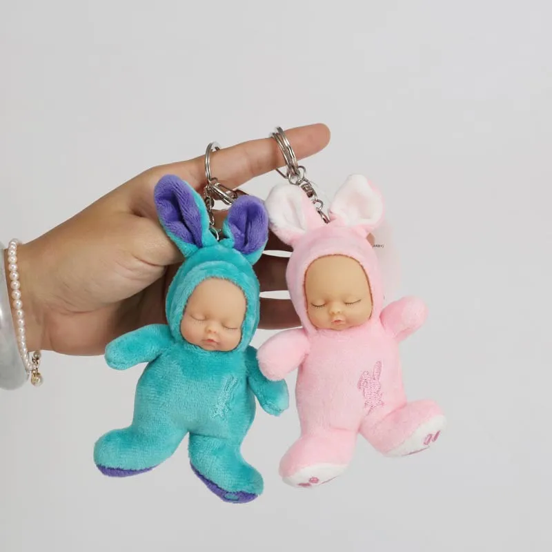 

High Quality Doll 10cm Rabbit Hair Sleeping Baby KeyChain Plush Toy Pendant Women Fluffy Fur Keyring Bag Hang Plush Toy