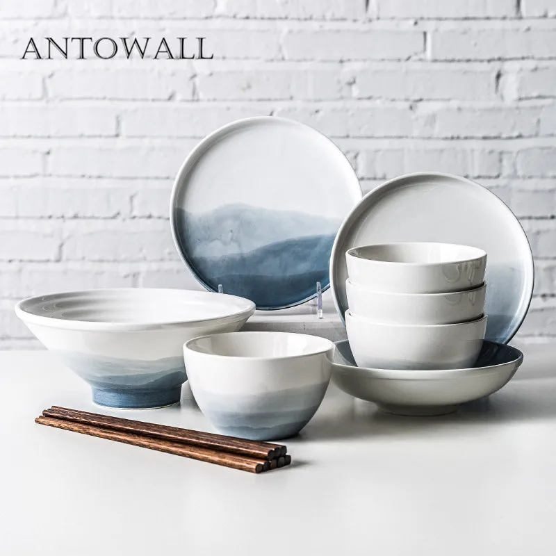 

ANTOWALL Household ceramic tableware set dishes ins style 4/6 people rice soup bowl dish soup plate chopsticks set gift set