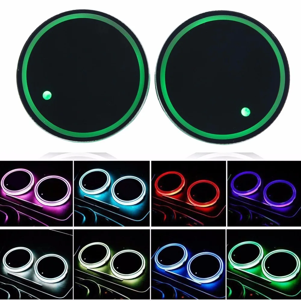 2Pcs Universal LED Light Car Cup Holder Bottle Bottom Pad Cup Mat LED Light Cover Trim Atmosphere Lamp Lights for Car Interior