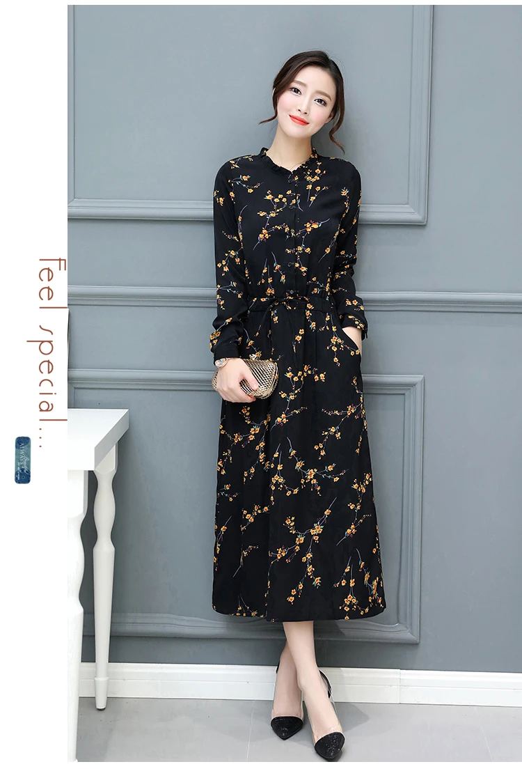 Осень зима новое черное цветочное винтажное платье размера плюс миди платья корейские элегантные женские вечерние платья с длинным рукавом бодикон Vestidos