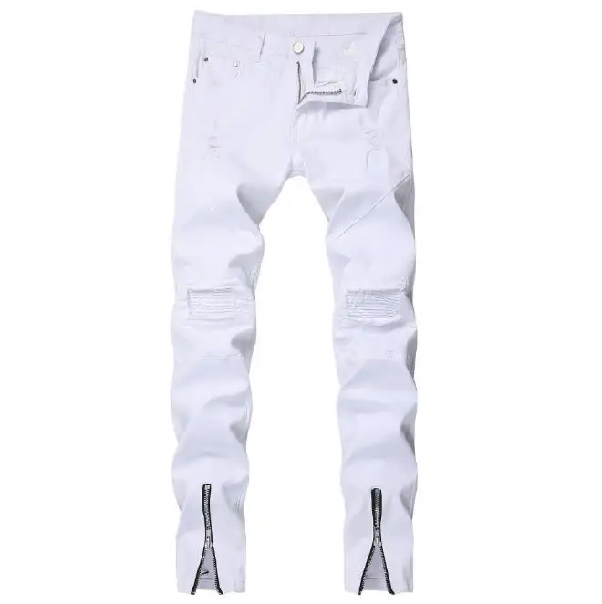 

Men's Hole Slim Fit Feet Zipper Jeans Personality Hip Hop Stretch Feet White Jeans Men's Denim Pants singer costumes