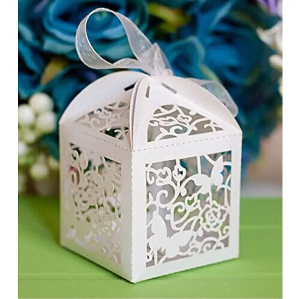 

50pcs Lase Cut Butterfly Wedding Sweets Candy Gift Favour Boxes with Ribbon Table Decorations (White)