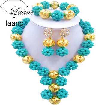

Laanc Latest Aqua Blue African Beads Jewelry Set for Women Necklace and Earrings Sets CB1R012