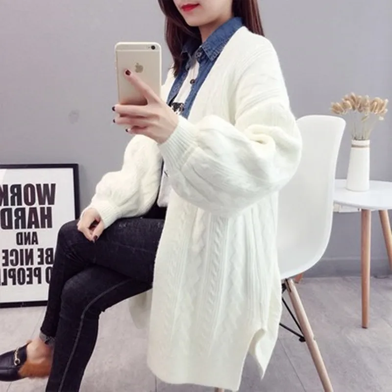 Women's Knit Cardigan Fashion Loose Korean Sweater Autumn  Winter Twist Sweater Jacket 2019 New Lantern Sleeve Knit Cardigan (4)