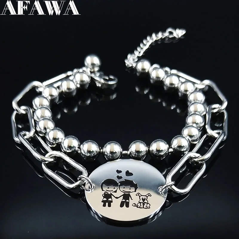 

2019 Boy and Girl Love Double Layer Stainless Steel Bracelets Women Silver Color Charm Bracelet Jewelry pulsera pareja B18442