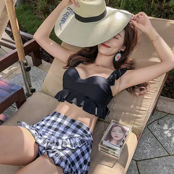 

Swimwear Women's Large Size Swimsuit Female Closed With Push Up Bikini Girls Split Skirt Underwire Bracket Print Polyester