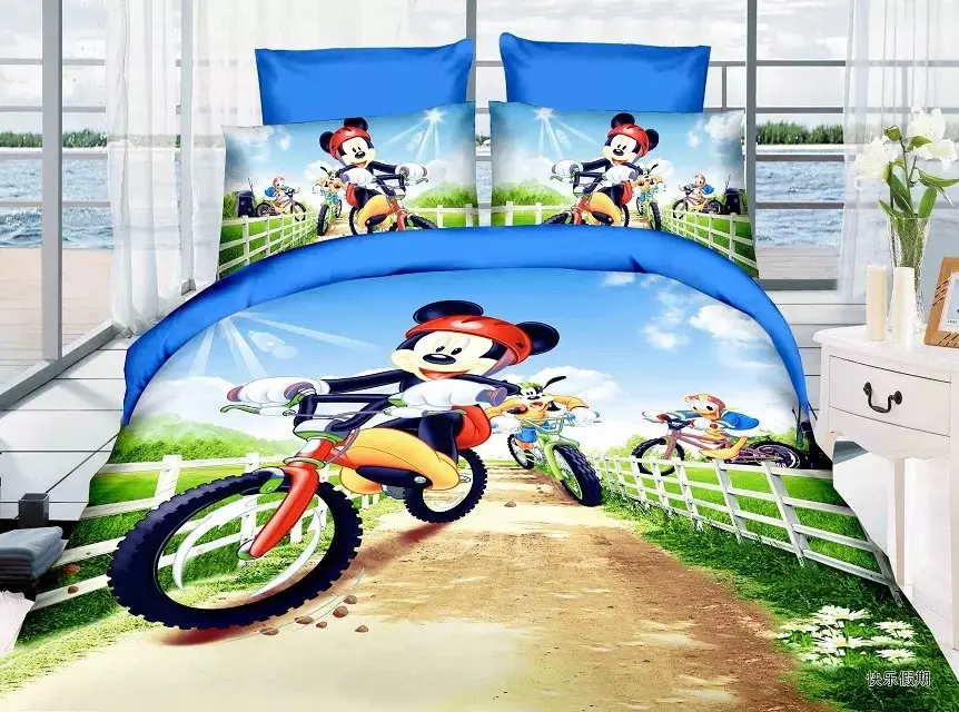 

blue mickey mouse a bicycle race print bedding set bed linen kids bedclothes twin size quilt duvet covers 3 pcs no filler inside