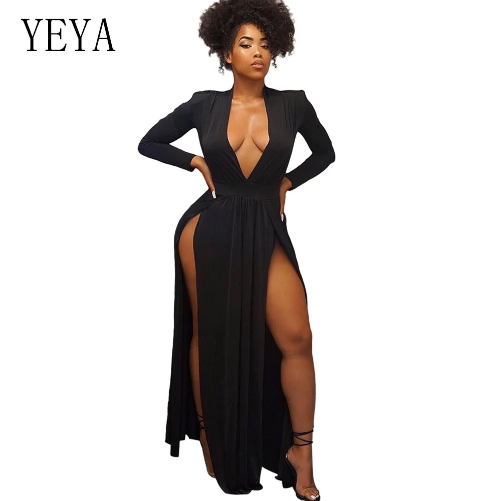 

YEYA 2019 Women Maxi Dress Elegant Party Long Sleeve Sexy Deep V Neck High Slit Black Floor-Length Club Long Dresses Femme Robe
