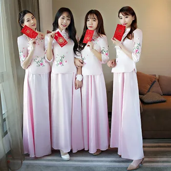 

New Chinese Women Pink Embroidery Flower Qipao Elegant Wedding Dress Sexy Mandarin Collar Vestidos Plus Size Cheongsam XSS-3XL
