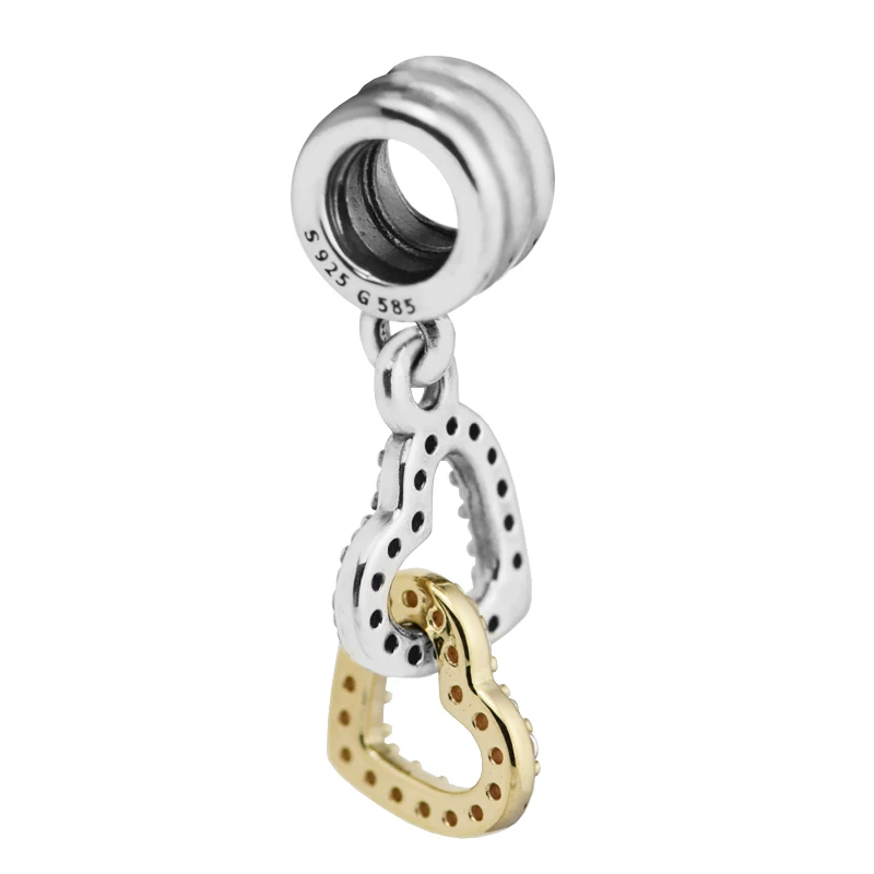 Подходит для Pandora шармы браслеты взаимосвязанные сердца бусины с 14 K настоящее золото стерлингового серебра 925 ювелирные изделия