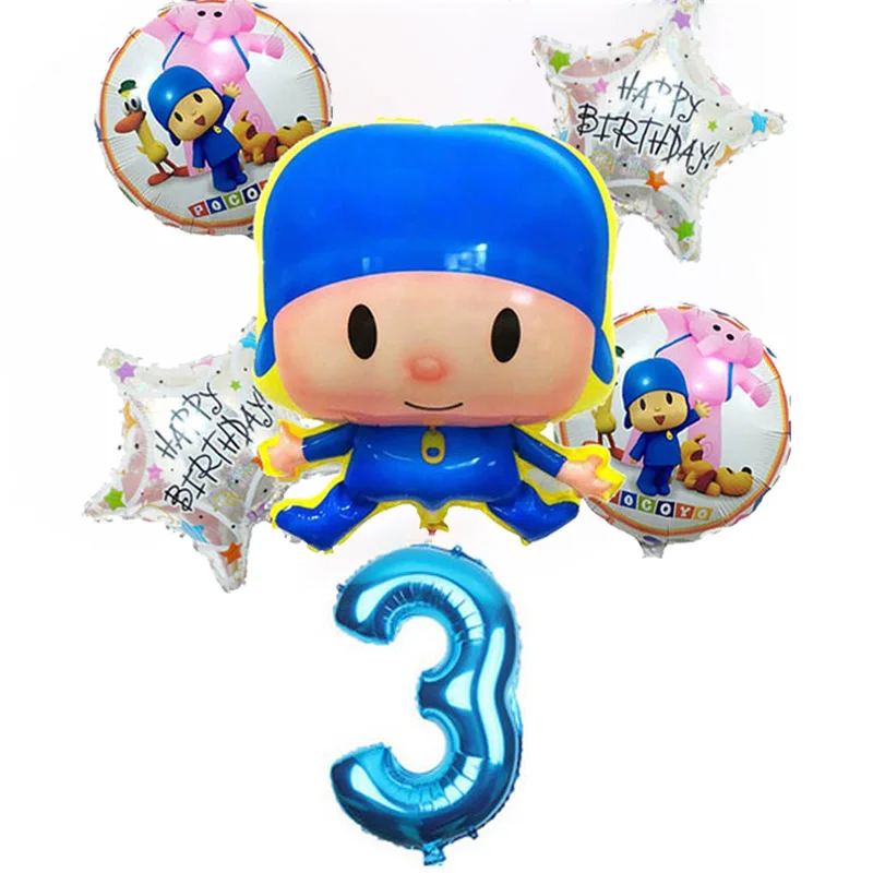 6pcs/lot Pocoyo Number Foil Balloons Set Baby Shower Birthday Party Christening Decor Supplies Kids Cartoon Figure Toys Globos