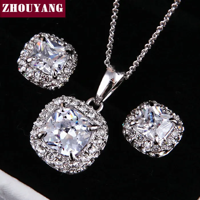 

ZHOUYANG Top Quality ZYS009 Silver Color Elegant Wedding Jewelry Necklace Earrings Set Made with Austrian Crystals