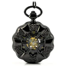 Steampunk Skeleton Black Automatic Mechanical Pocket Watch Men Vintage Hand Wind Clock Necklace Pocket & Fob Watches With Chain