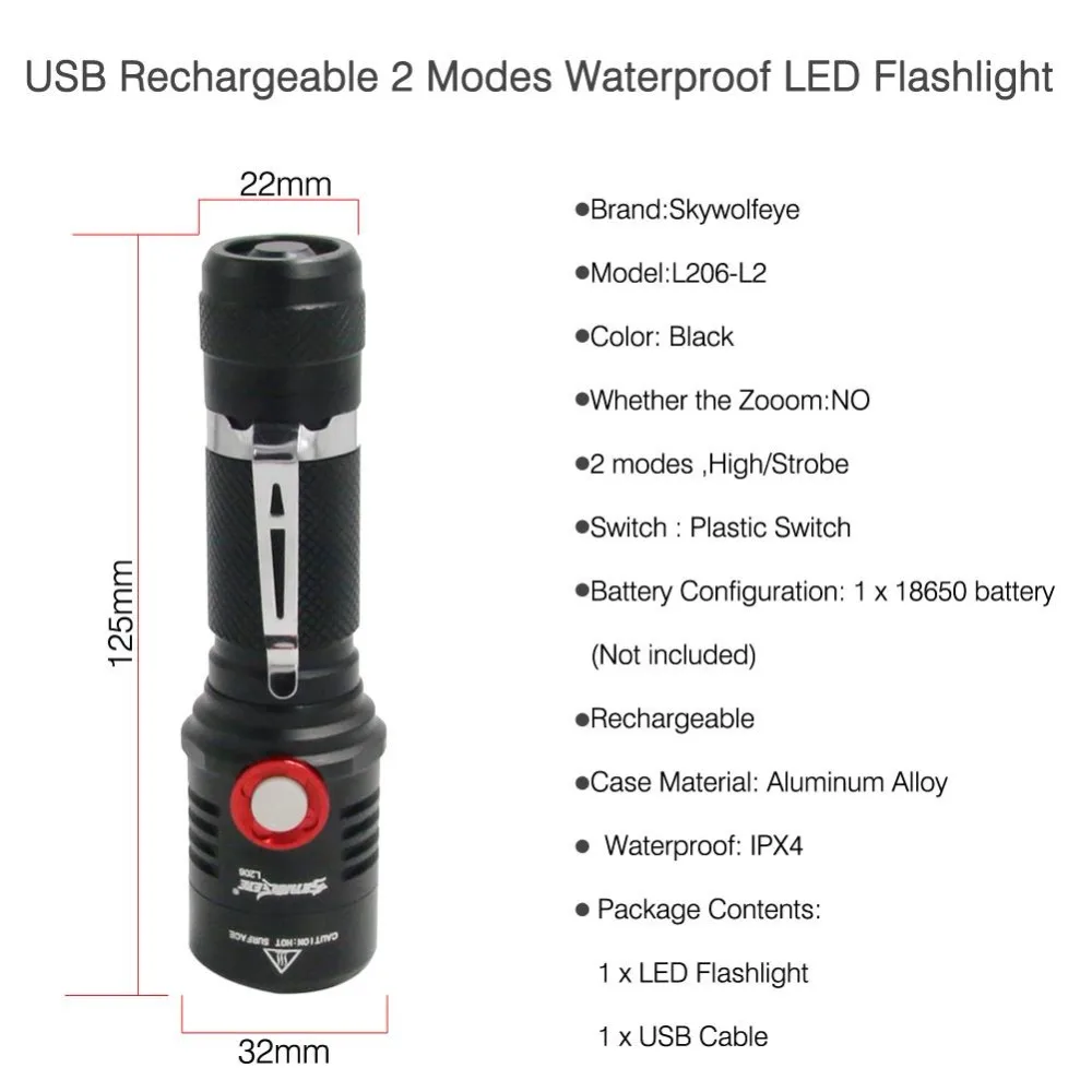 SKYWOLFEYE светодиодный вспышка светильник с хвостом зарядка через usb головного Масштабируемые Водонепроницаемый фонарь Портативный светильник 3 светильник ing режимов