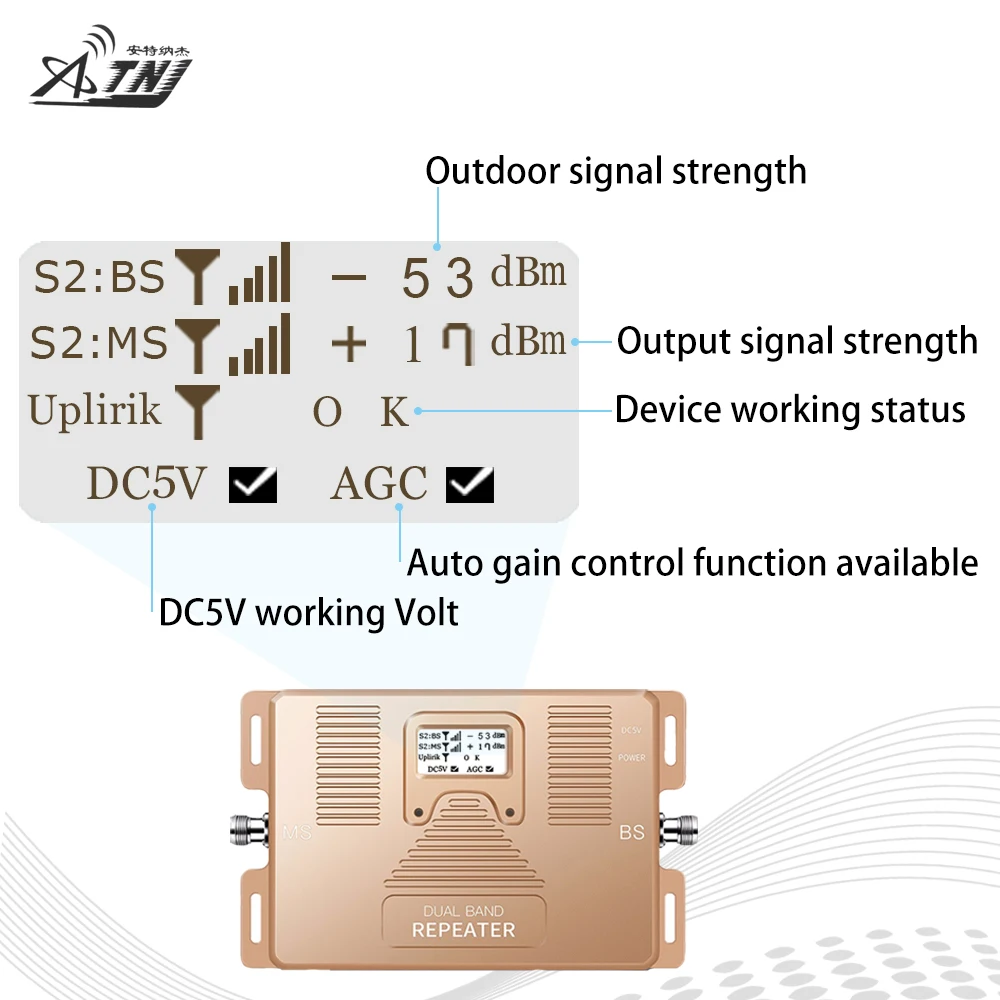 Smart 4G Dual Band Signal Repeater GSM LTE 1800 WCDMA 2100 MHz Cellular Signal Booster 70dB LCD Display 2G 3G 4G LTE Amplifier