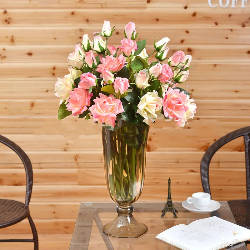 Flone Artificial Flowers 3 Heads Rose High Emulated Floral Artificial Flower Bouquet Branch Wedding Party Home Dining Room Decor (6)