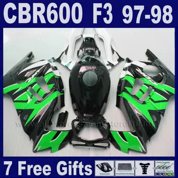 

BLACK 7gifts fairing kit ABS for Honda CBR 600 F3 97 98 CBR600F3 1997 1998 custom fairing green custom fairings Tank cover