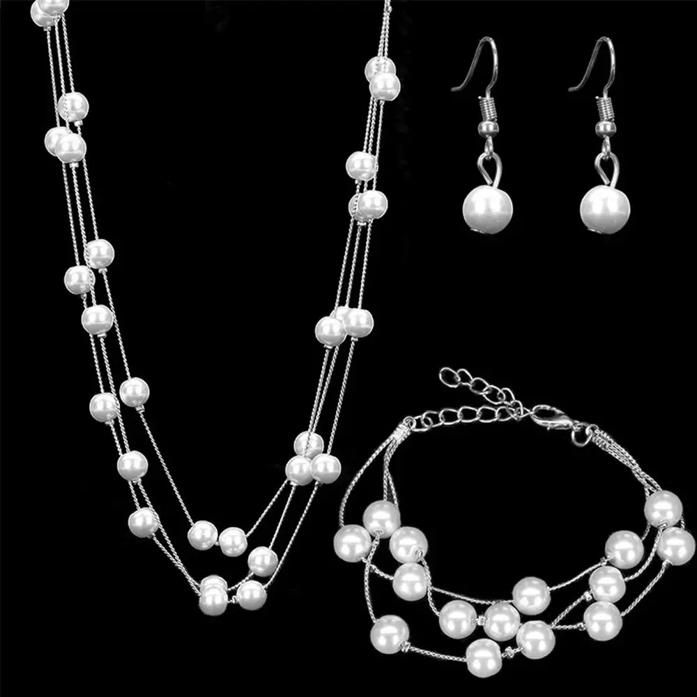 

1 Set Simulated Pearl Beaded Multilayer Necklace Dangle Earrings Bracelet Fashion Bridal Wedding Accessories Jewelry Set