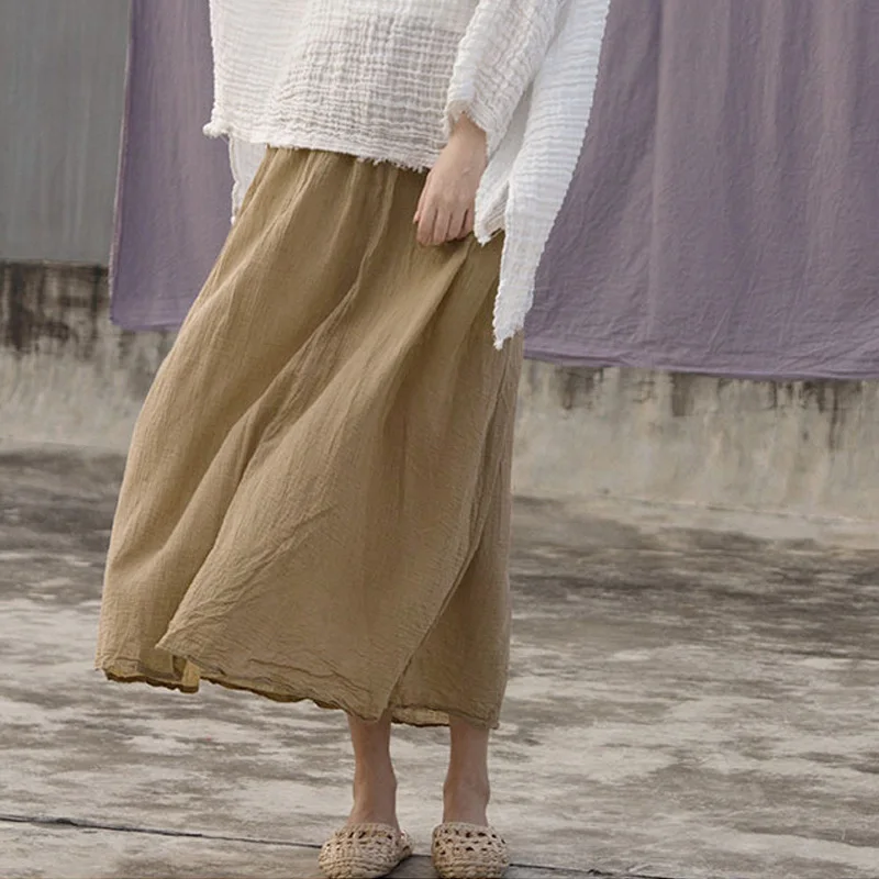 

Johnature Women Khaki Cotton Linen Skirts Elastic Waist 2019 Spring New Loose Vintage Women Casual A-Line Skirts