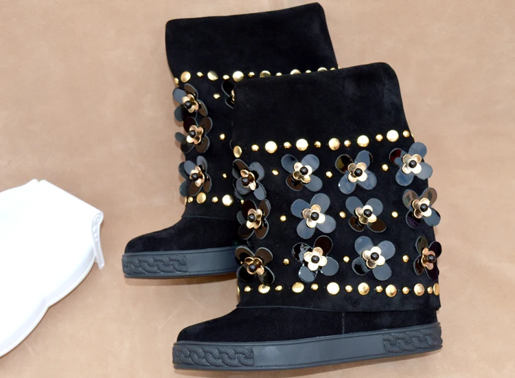 Daim Hauteur Noir Embelli Femmes Cheville Wedge D'hiver Dernière En Bottes Clouté Croissante Pour Floral Caché Svonces qCYwO0f