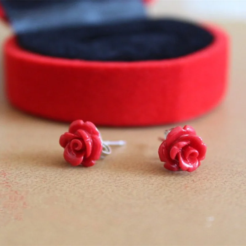 

Genuine high quality Artificial coral stone stud earrings with red roses and S925 sterling silver Earrings Free shipping