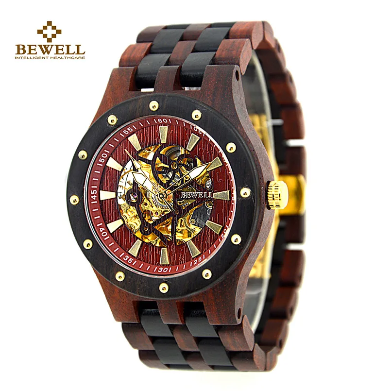 

BEWELL Wood Watch Top Luxury Automatic hollow mechanical watch Men Watches Vintage Business Male's Wristwatches Christmas Gift