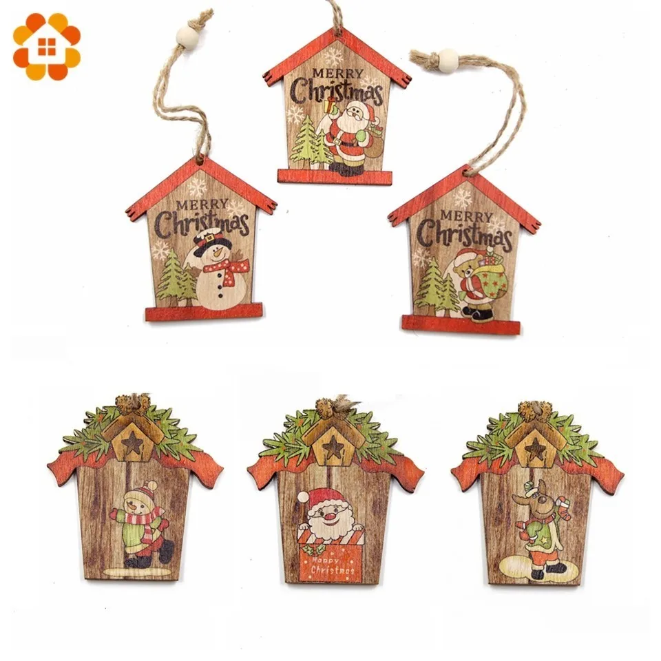 

3PCS Multi Creative House Christmas Wooden Pendants Xmas Tree Ornaments Home Christmas Party Decorations DIY Wood Crafts Gift