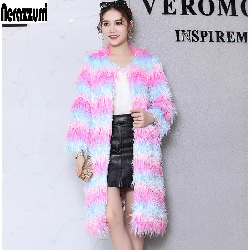 Nerazzurri, Радужное пальто из искусственного меха, Женская мода, зимняя цветная пушистая мохнатая Меховая куртка размера плюс, разноцветная Меховая куртка 5xl 6xl - Цвет: color