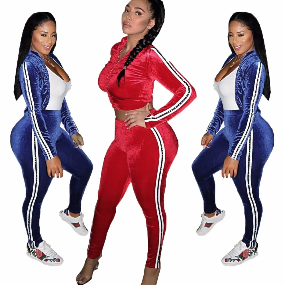 2018-2019 Sexy Workout Velvet Tracksuit Women Sweat Suits Crop Jacket ...