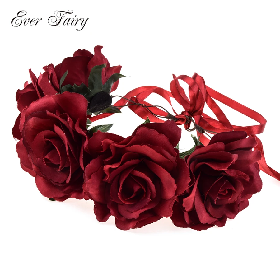 

EVER FAIRY Bridal Flower Crown Wedding Floral Headband Ribbon Corolla Rose Headdress Hair Band for Women Flower Hair Accessories