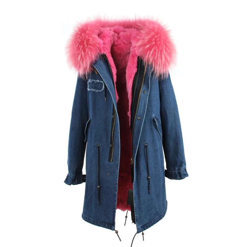 

Winter Coat Women Long Fur Jacket 2016 Ladies Real Rabbit Fur Lined Denim Jeans Parka Winter Fur Lines Female Hooded Overcoat