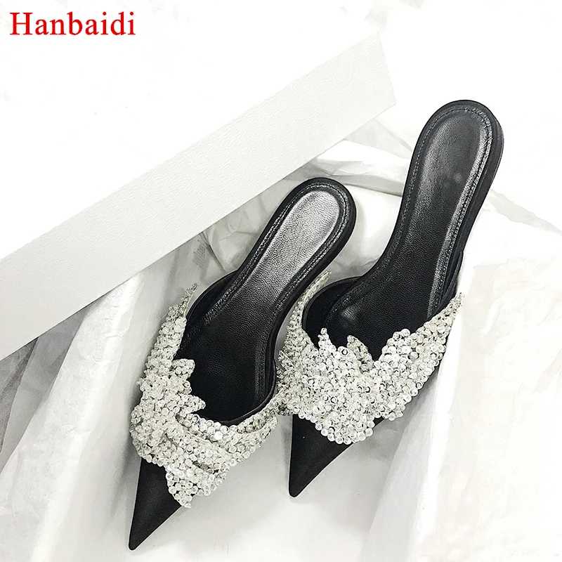 

Hanbaidi Sandalias Mujer 2018 Women Summer Slippers Luxury Silk Rhinstone Crytal Pointed Toe Slip On Beach Shoes Tenis Feminino